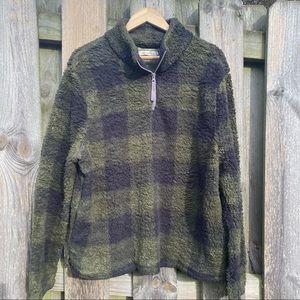 NWOT Olive green & Black Buffalo plaid  Check quarter zip Pullover Fleec…